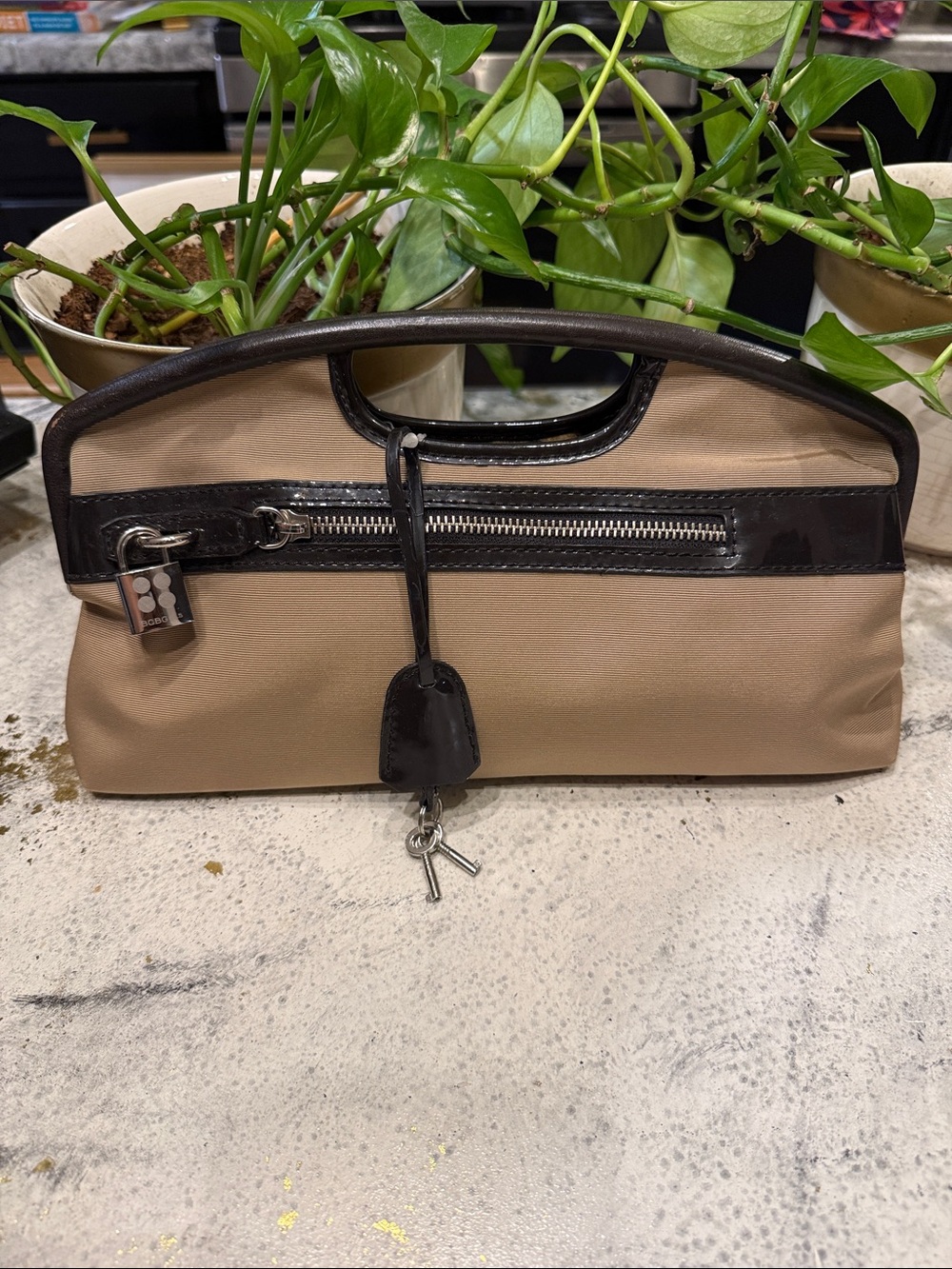 BCBGirls Beige and Dark Brown Handheld Bag with Lock Detail